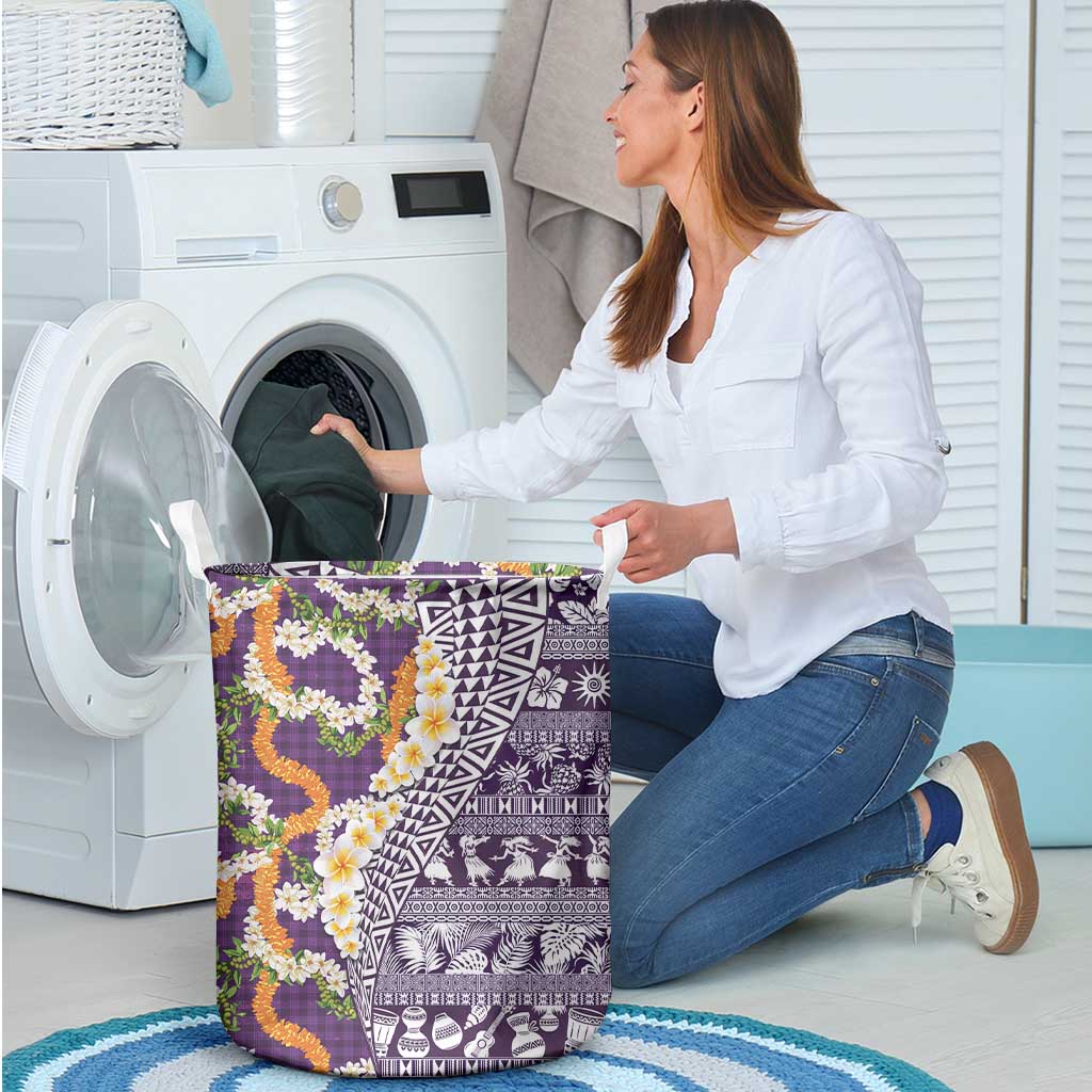 Hawaiian Plumeria Lei Laundry Basket Kakau Motifs and Palaka Half Style Purple Color - Polynesian Pride