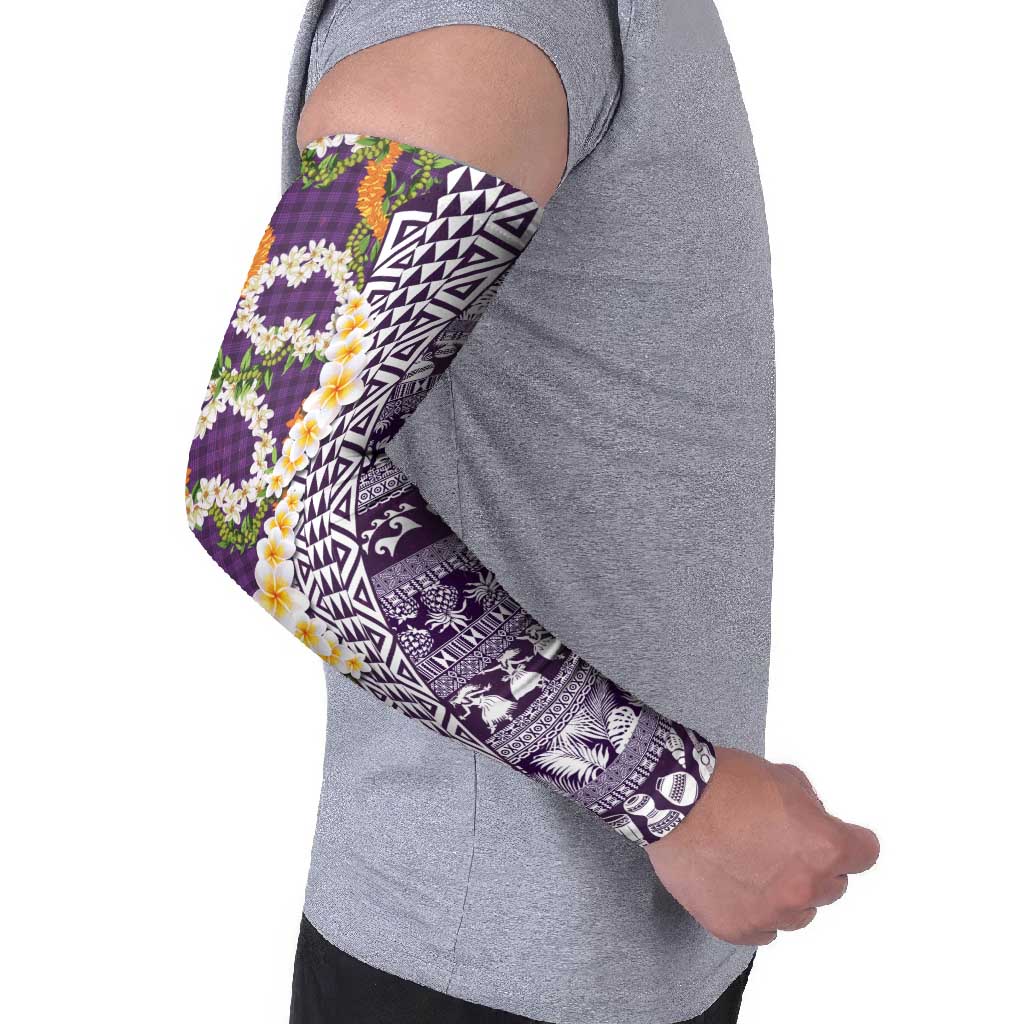 Hawaiian Plumeria Lei Arm Sleeves Kakau Motifs and Palaka Half Style Purple Color - Polynesian Pride