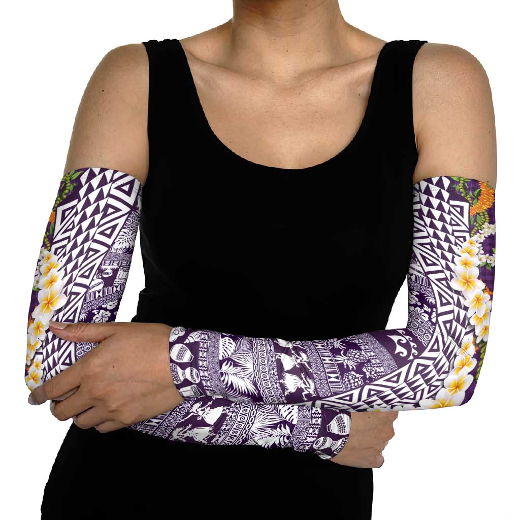 Hawaiian Plumeria Lei Arm Sleeves Kakau Motifs and Palaka Half Style Purple Color - Polynesian Pride