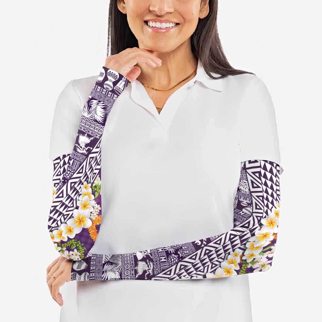 Hawaiian Plumeria Lei Arm Sleeves Kakau Motifs and Palaka Half Style Purple Color - Polynesian Pride