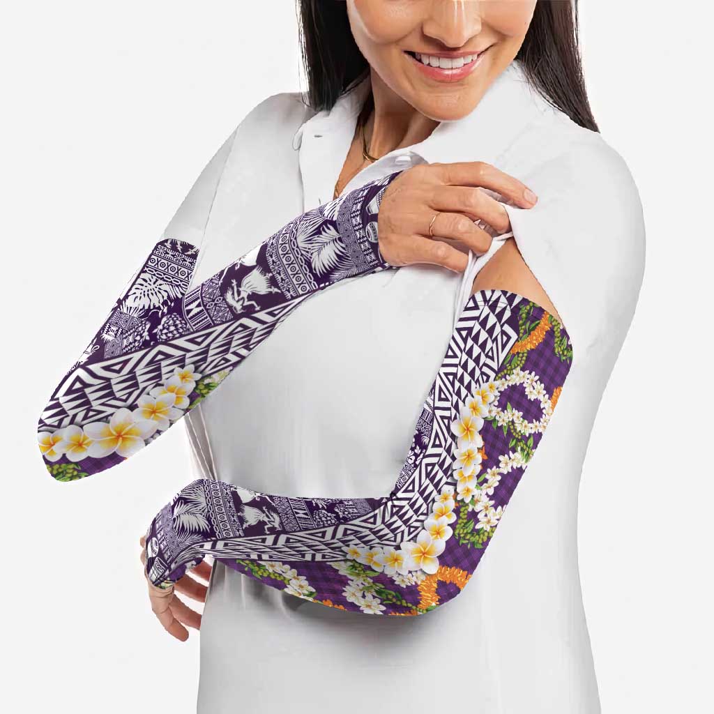 Hawaiian Plumeria Lei Arm Sleeves Kakau Motifs and Palaka Half Style Purple Color - Polynesian Pride