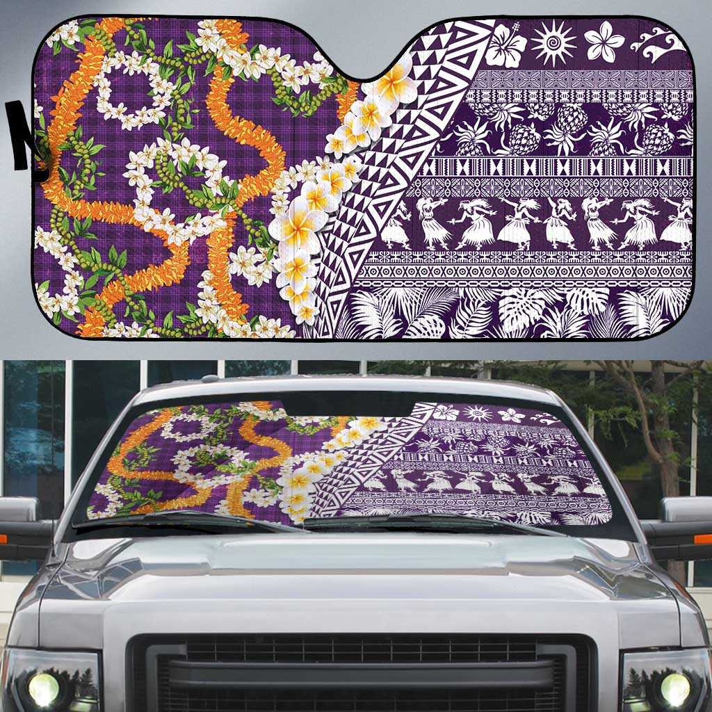 Hawaiian Plumeria Lei Auto Sun Shade Kakau Motifs and Palaka Half Style Purple Color - Polynesian Pride