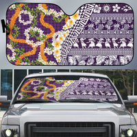 Hawaiian Plumeria Lei Auto Sun Shade Kakau Motifs and Palaka Half Style Purple Color - Polynesian Pride