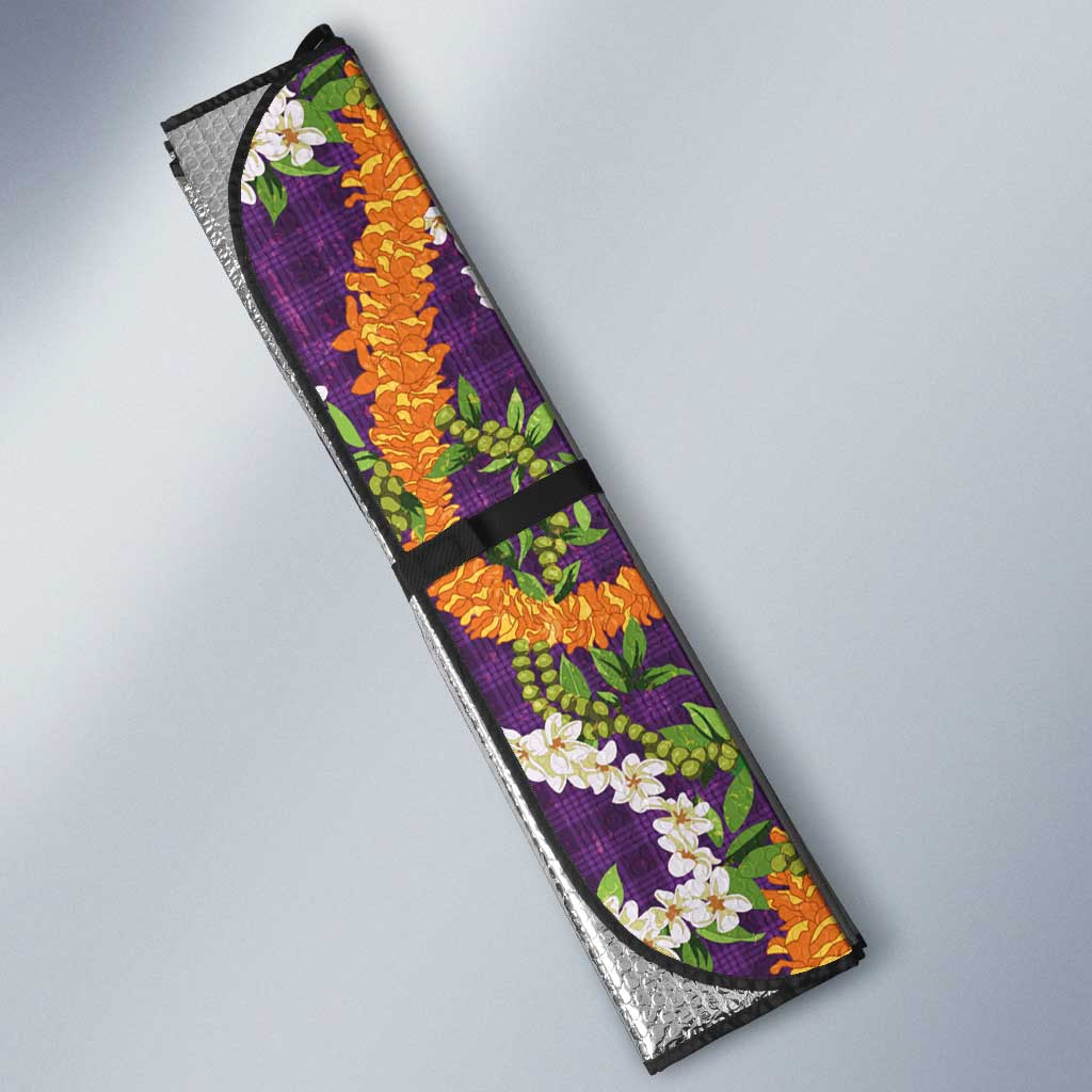Hawaiian Plumeria Lei Auto Sun Shade Kakau Motifs and Palaka Half Style Purple Color - Polynesian Pride