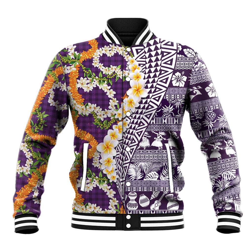 Hawaiian Plumeria Lei Baseball Jacket Kakau Motifs and Palaka Half Style Purple Color - Polynesian Pride