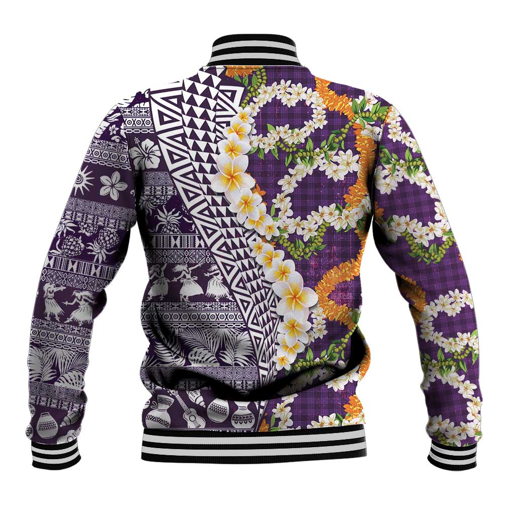 Hawaiian Plumeria Lei Baseball Jacket Kakau Motifs and Palaka Half Style Purple Color - Polynesian Pride