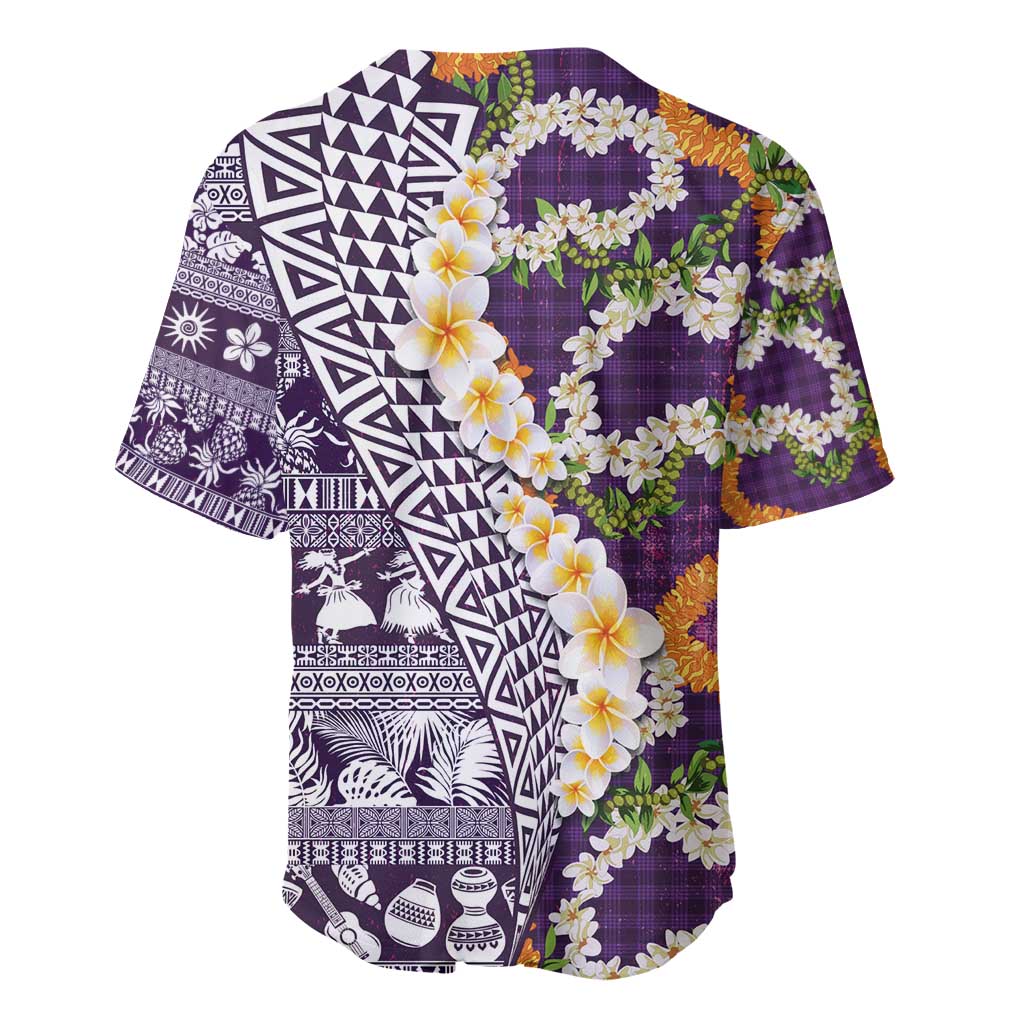 Hawaiian Plumeria Lei Baseball Jersey Kakau Motifs and Palaka Half Style Purple Color - Polynesian Pride
