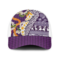 Hawaiian Plumeria Lei Baseball Net Cap Kakau Motifs and Palaka Half Style Purple Color - Polynesian Pride