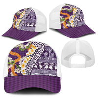 Hawaiian Plumeria Lei Baseball Net Cap Kakau Motifs and Palaka Half Style Purple Color - Polynesian Pride