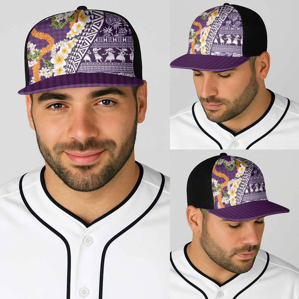 Hawaiian Plumeria Lei Baseball Net Cap Kakau Motifs and Palaka Half Style Purple Color - Polynesian Pride