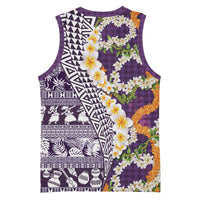 Hawaiian Plumeria Lei Basketball Jersey Kakau Motifs and Palaka Half Style Purple Color - Polynesian Pride