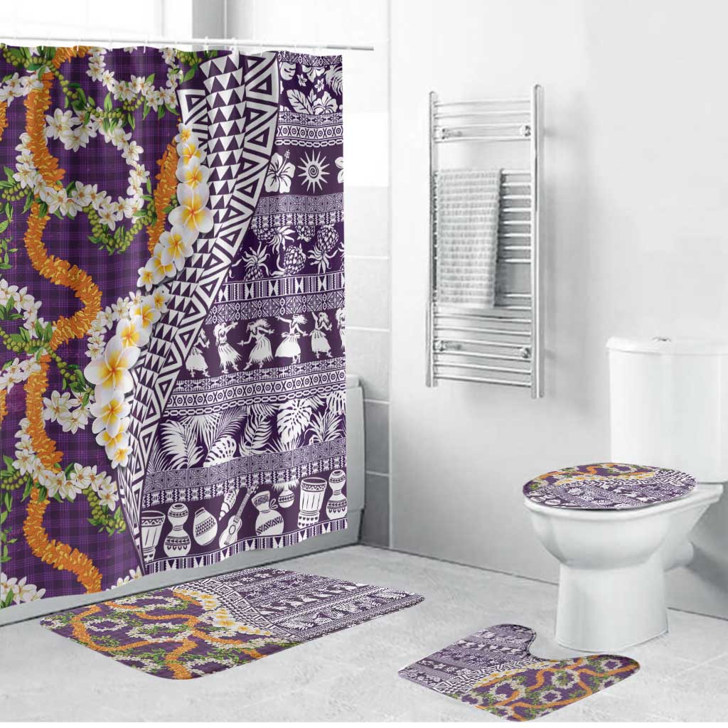 Hawaiian Plumeria Lei Bathroom Set Kakau Motifs and Palaka Half Style Purple Color - Polynesian Pride