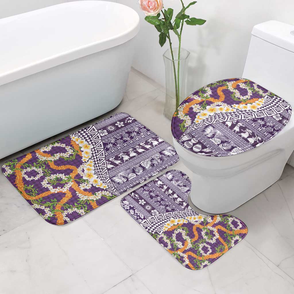 Hawaiian Plumeria Lei Bathroom Set Kakau Motifs and Palaka Half Style Purple Color - Polynesian Pride