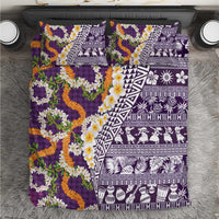 Hawaiian Plumeria Lei Bedding Set Kakau Motifs and Palaka Half Style Purple Color - Polynesian Pride