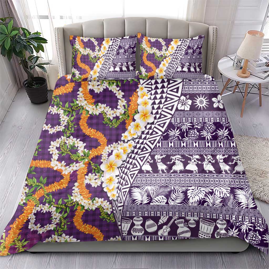 Hawaiian Plumeria Lei Bedding Set Kakau Motifs and Palaka Half Style Purple Color - Polynesian Pride