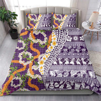 Hawaiian Plumeria Lei Bedding Set Kakau Motifs and Palaka Half Style Purple Color - Polynesian Pride