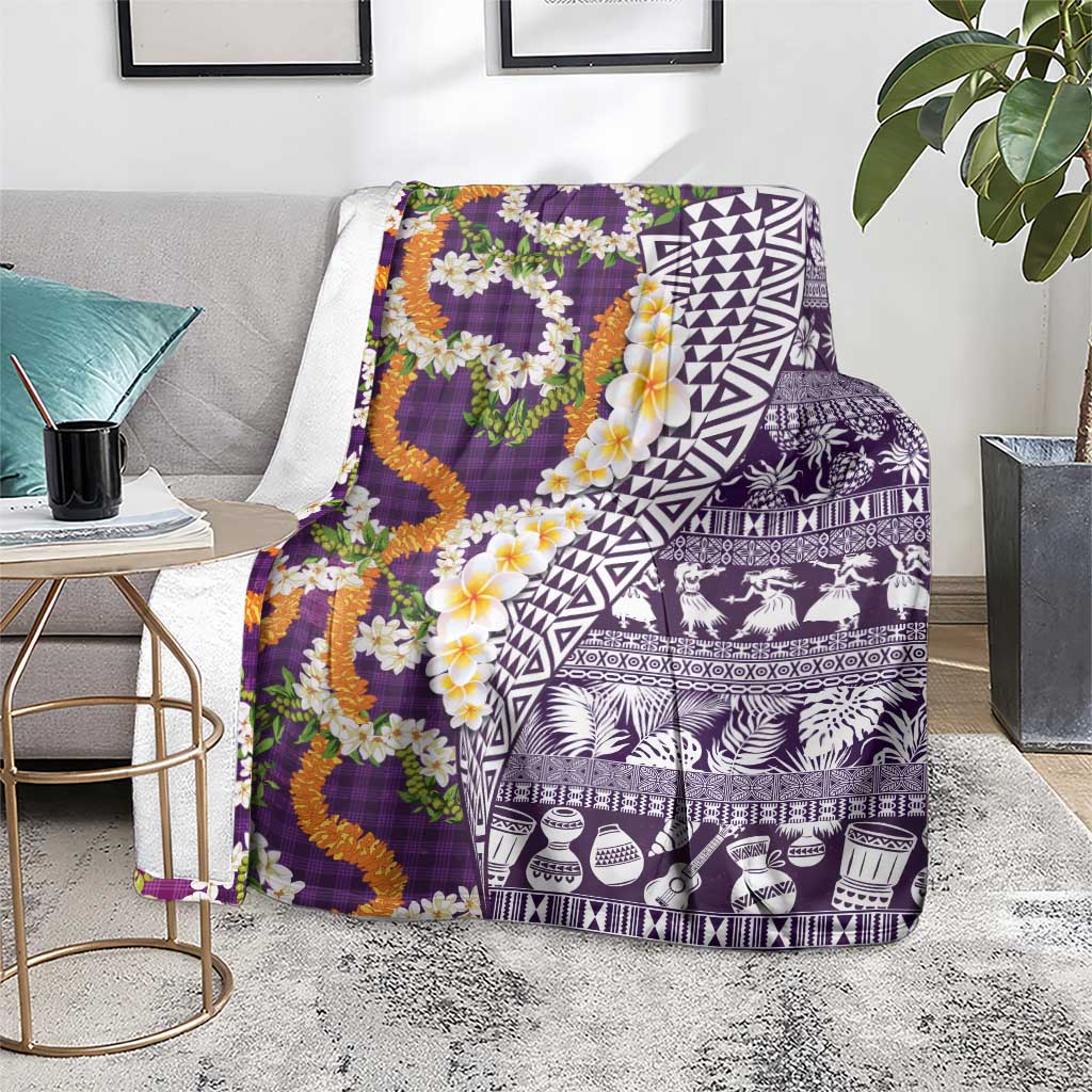 Hawaiian Plumeria Lei Blanket Kakau Motifs and Palaka Half Style Purple Color - Polynesian Pride