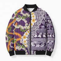 Hawaiian Plumeria Lei Bomber Puffer Jacket Kakau Motifs and Palaka Half Style Purple Color - Polynesian Pride