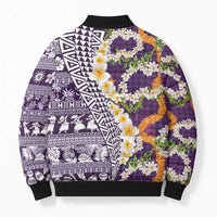 Hawaiian Plumeria Lei Bomber Puffer Jacket Kakau Motifs and Palaka Half Style Purple Color - Polynesian Pride
