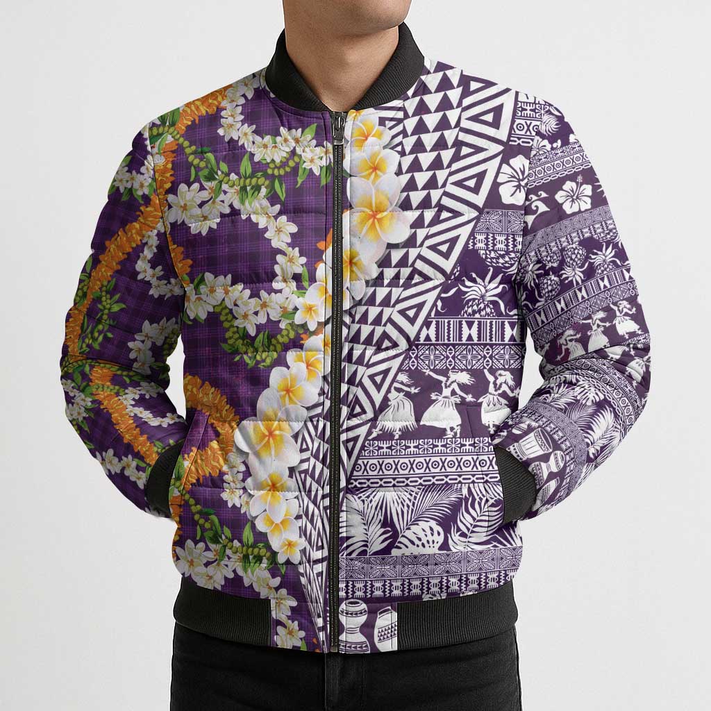 Hawaiian Plumeria Lei Bomber Puffer Jacket Kakau Motifs and Palaka Half Style Purple Color - Polynesian Pride