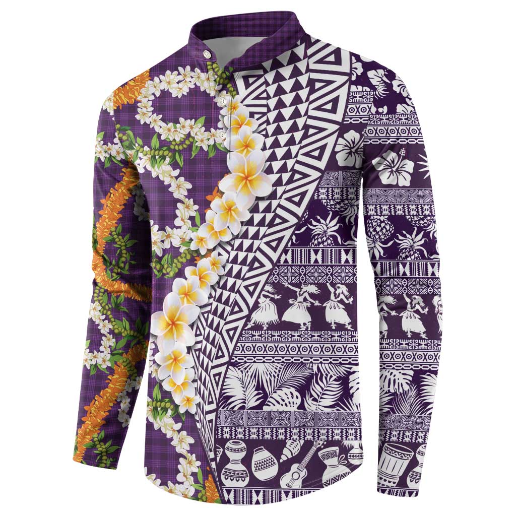 Hawaiian Plumeria Lei Button Sweatshirt Kakau Motifs and Palaka Half Style Purple Color - Polynesian Pride