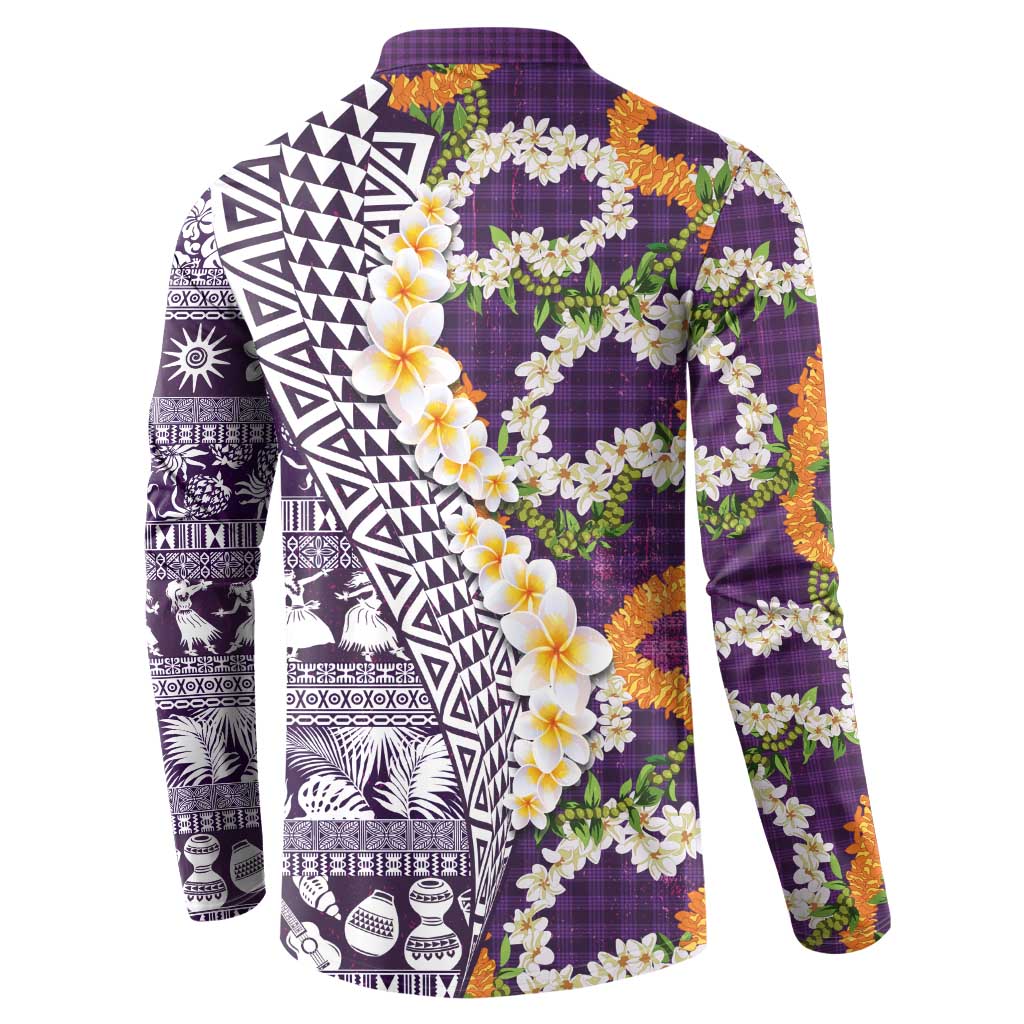 Hawaiian Plumeria Lei Button Sweatshirt Kakau Motifs and Palaka Half Style Purple Color - Polynesian Pride