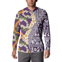 Hawaiian Plumeria Lei Button Sweatshirt Kakau Motifs and Palaka Half Style Purple Color - Polynesian Pride