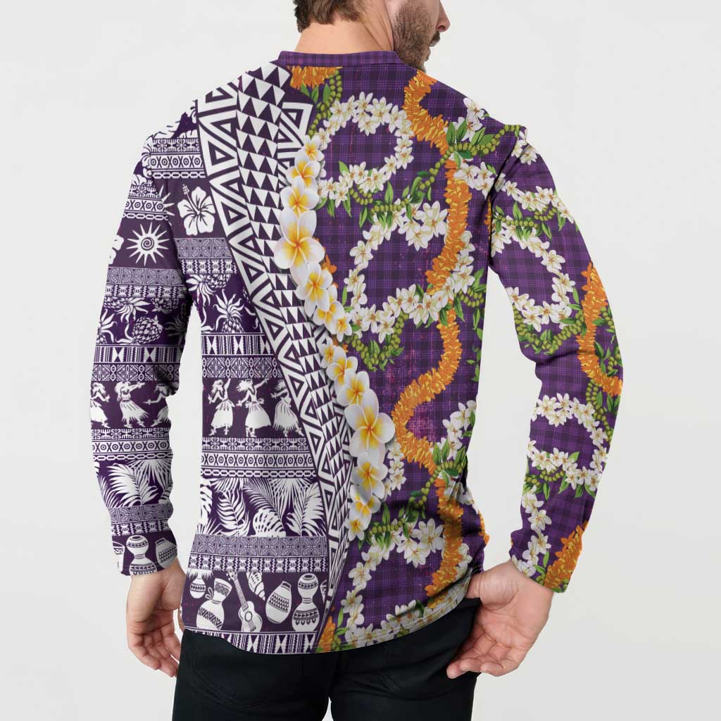 Hawaiian Plumeria Lei Button Sweatshirt Kakau Motifs and Palaka Half Style Purple Color - Polynesian Pride