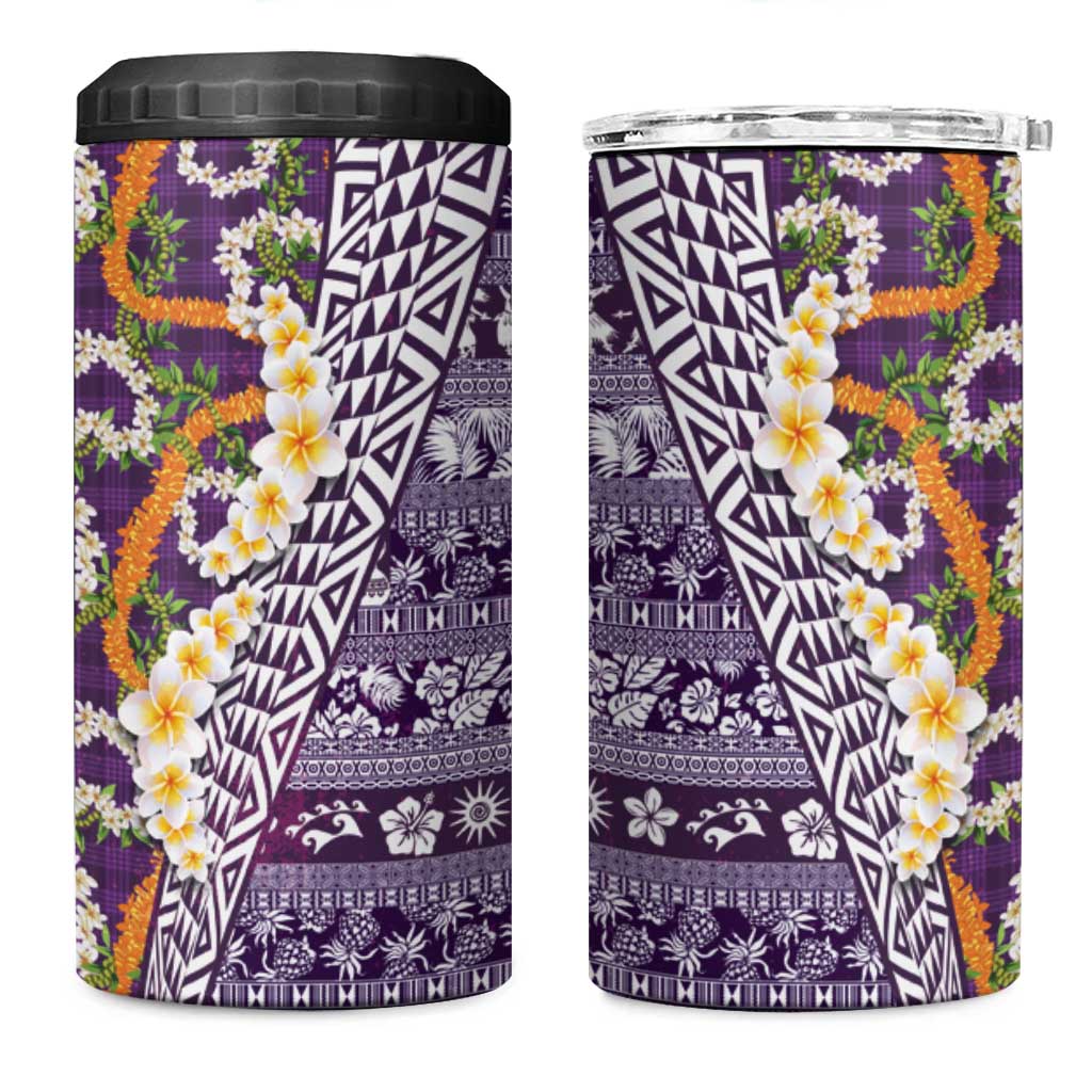Hawaiian Plumeria Lei 4 in 1 Can Cooler Tumbler Kakau Motifs and Palaka Half Style Purple Color - Polynesian Pride