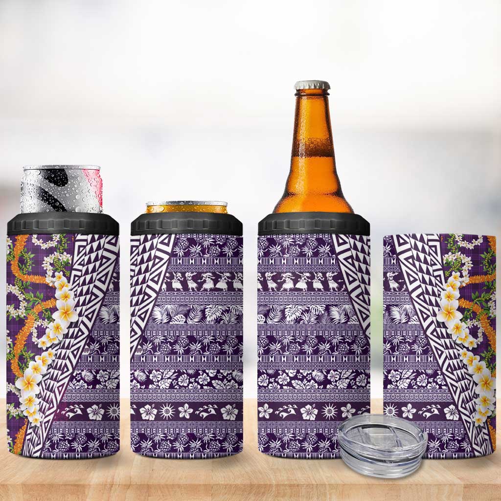 Hawaiian Plumeria Lei 4 in 1 Can Cooler Tumbler Kakau Motifs and Palaka Half Style Purple Color - Polynesian Pride