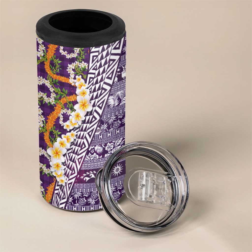 Hawaiian Plumeria Lei 4 in 1 Can Cooler Tumbler Kakau Motifs and Palaka Half Style Purple Color - Polynesian Pride