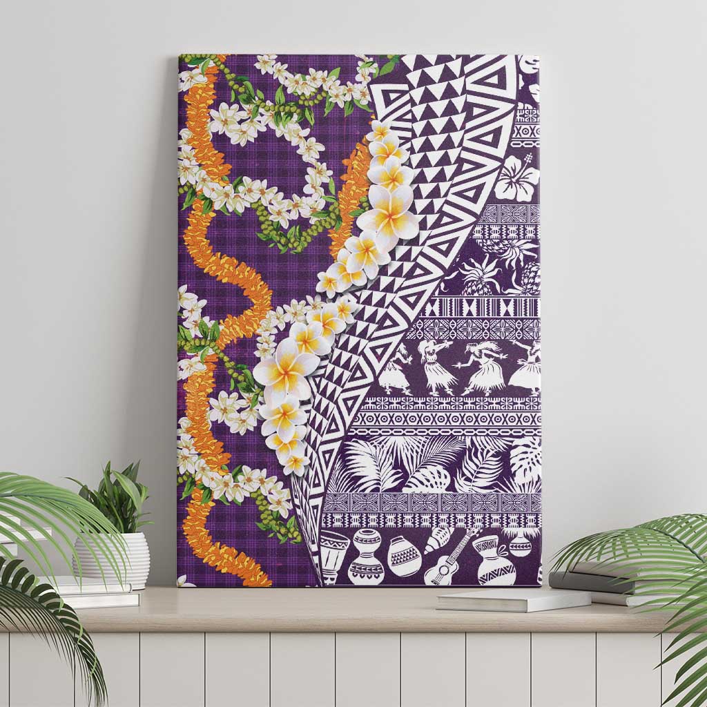 Hawaiian Plumeria Lei Canvas Wall Art Kakau Motifs and Palaka Half Style Purple Color - Polynesian Pride