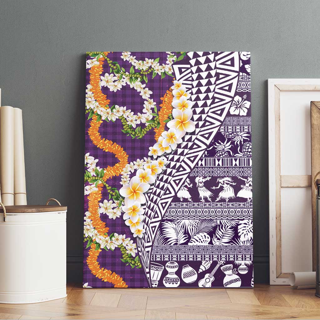 Hawaiian Plumeria Lei Canvas Wall Art Kakau Motifs and Palaka Half Style Purple Color - Polynesian Pride