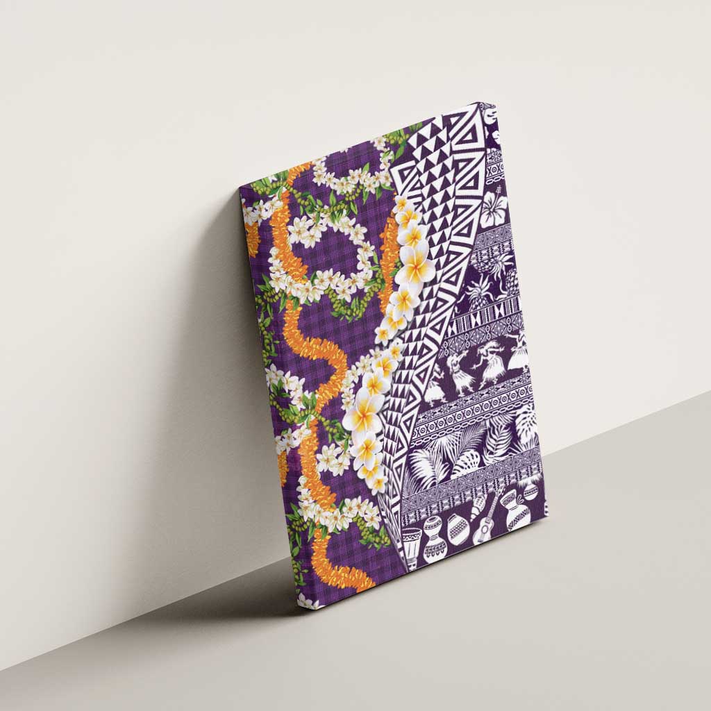 Hawaiian Plumeria Lei Canvas Wall Art Kakau Motifs and Palaka Half Style Purple Color - Polynesian Pride