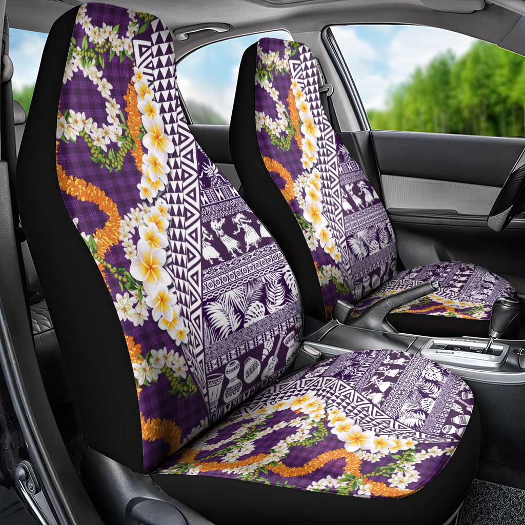 Hawaiian Plumeria Lei Car Seat Cover Kakau Motifs and Palaka Half Style Purple Color - Polynesian Pride