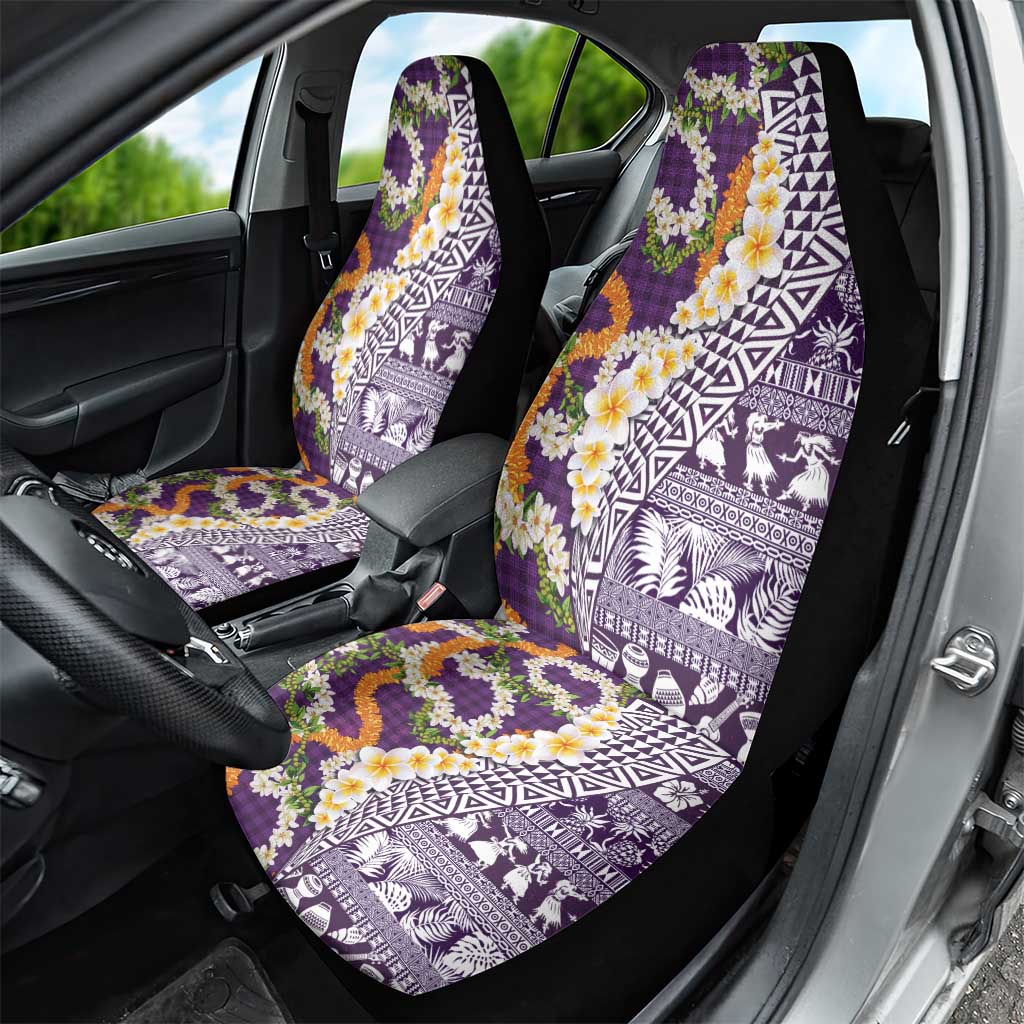 Hawaiian Plumeria Lei Car Seat Cover Kakau Motifs and Palaka Half Style Purple Color - Polynesian Pride