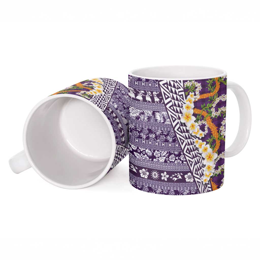 Hawaiian Plumeria Lei Ceramic Mug Kakau Motifs and Palaka Half Style Purple Color - Polynesian Pride