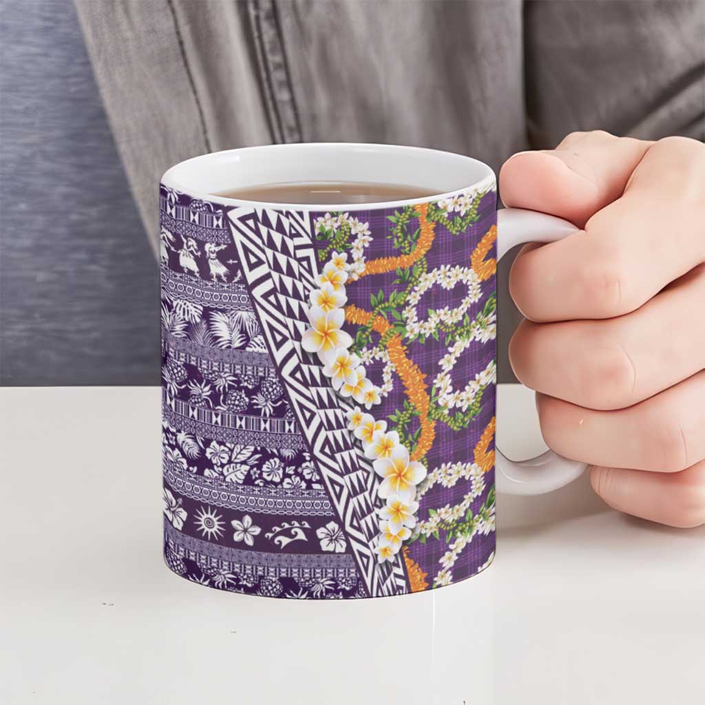 Hawaiian Plumeria Lei Ceramic Mug Kakau Motifs and Palaka Half Style Purple Color - Polynesian Pride