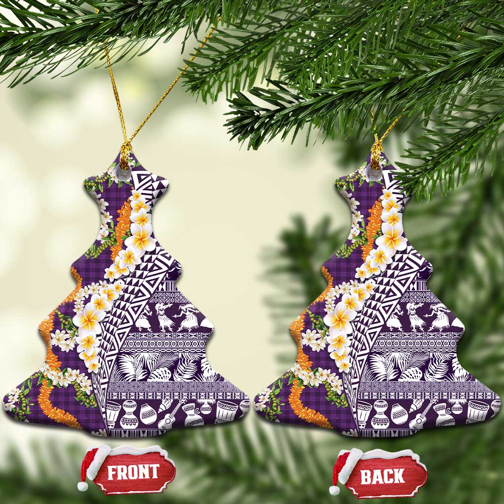 Hawaiian Plumeria Lei Ceramic Ornament Kakau Motifs and Palaka Half Style Purple Color - Polynesian Pride