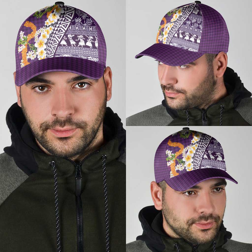 Hawaiian Plumeria Lei Classic Cap Kakau Motifs and Palaka Half Style Purple Color - Polynesian Pride