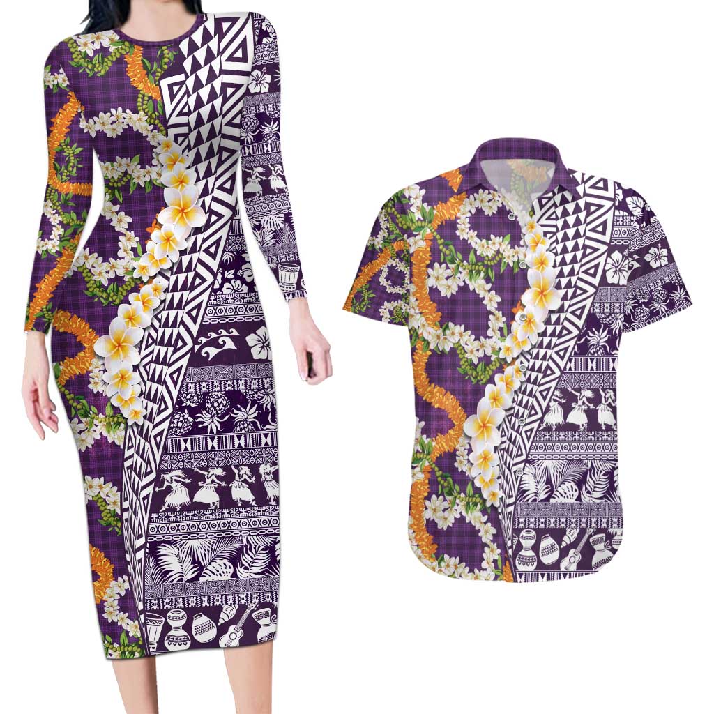 Hawaiian Plumeria Lei Couples Matching Long Sleeve Bodycon Dress and Hawaiian Shirt Kakau Motifs and Palaka Half Style Purple Color - Polynesian Pride