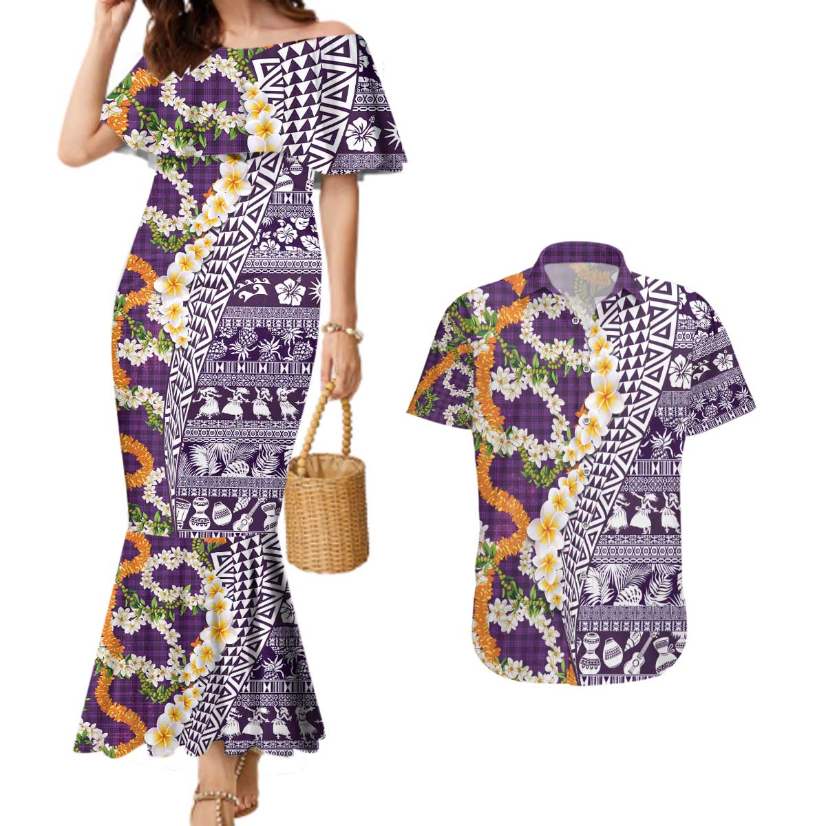 Hawaiian Plumeria Lei Couples Matching Mermaid Dress and Hawaiian Shirt Kakau Motifs and Palaka Half Style Purple Color - Polynesian Pride