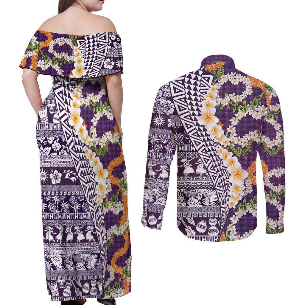 Hawaiian Plumeria Lei Couples Matching Off Shoulder Maxi Dress and Long Sleeve Button Shirt Kakau Motifs and Palaka Half Style Purple Color - Polynesian Pride