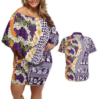 Hawaiian Plumeria Lei Couples Matching Off Shoulder Short Dress and Hawaiian Shirt Kakau Motifs and Palaka Half Style Purple Color - Polynesian Pride