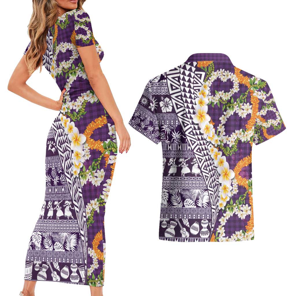 Hawaiian Plumeria Lei Couples Matching Short Sleeve Bodycon Dress and Hawaiian Shirt Kakau Motifs and Palaka Half Style Purple Color - Polynesian Pride
