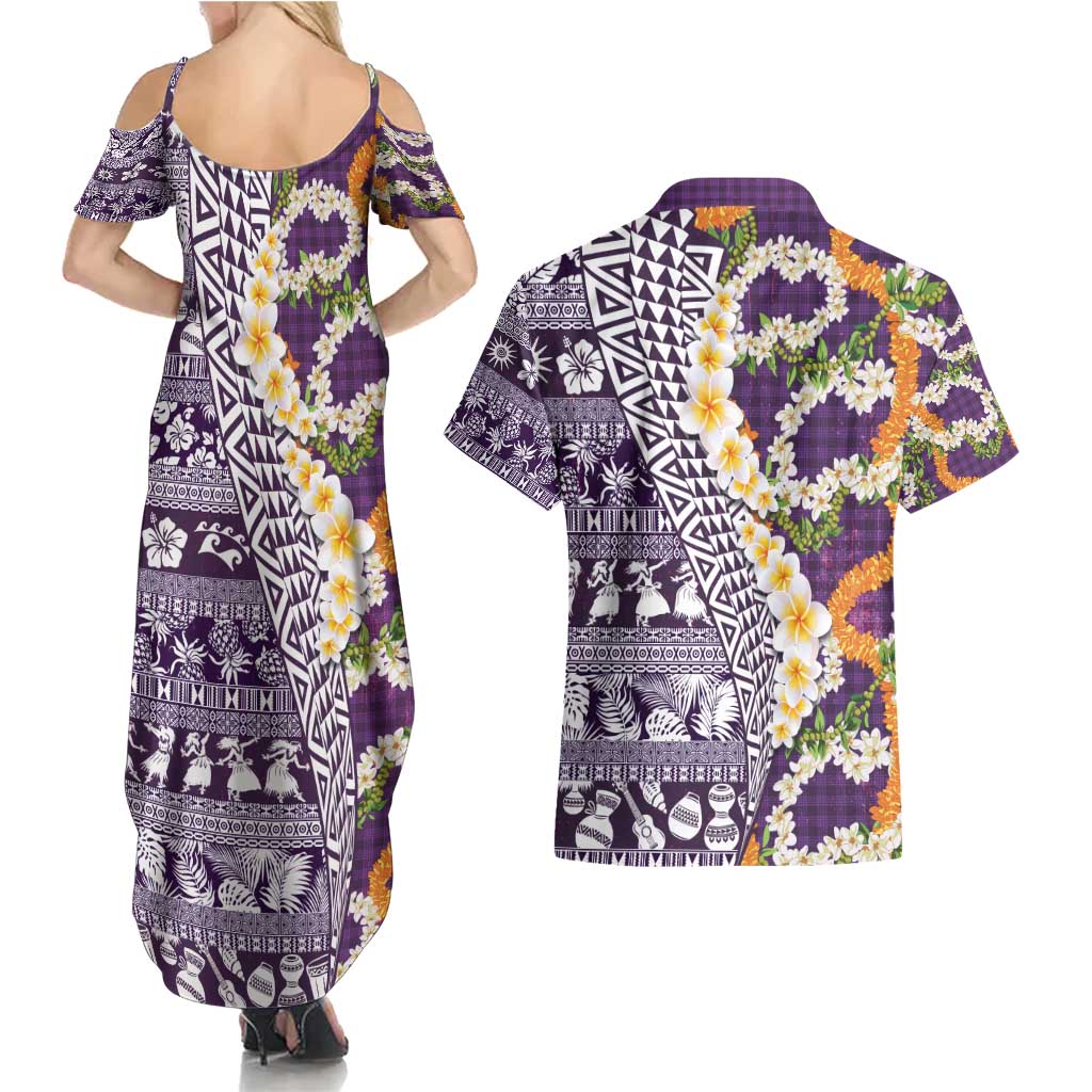 Hawaiian Plumeria Lei Couples Matching Summer Maxi Dress and Hawaiian Shirt Kakau Motifs and Palaka Half Style Purple Color - Polynesian Pride