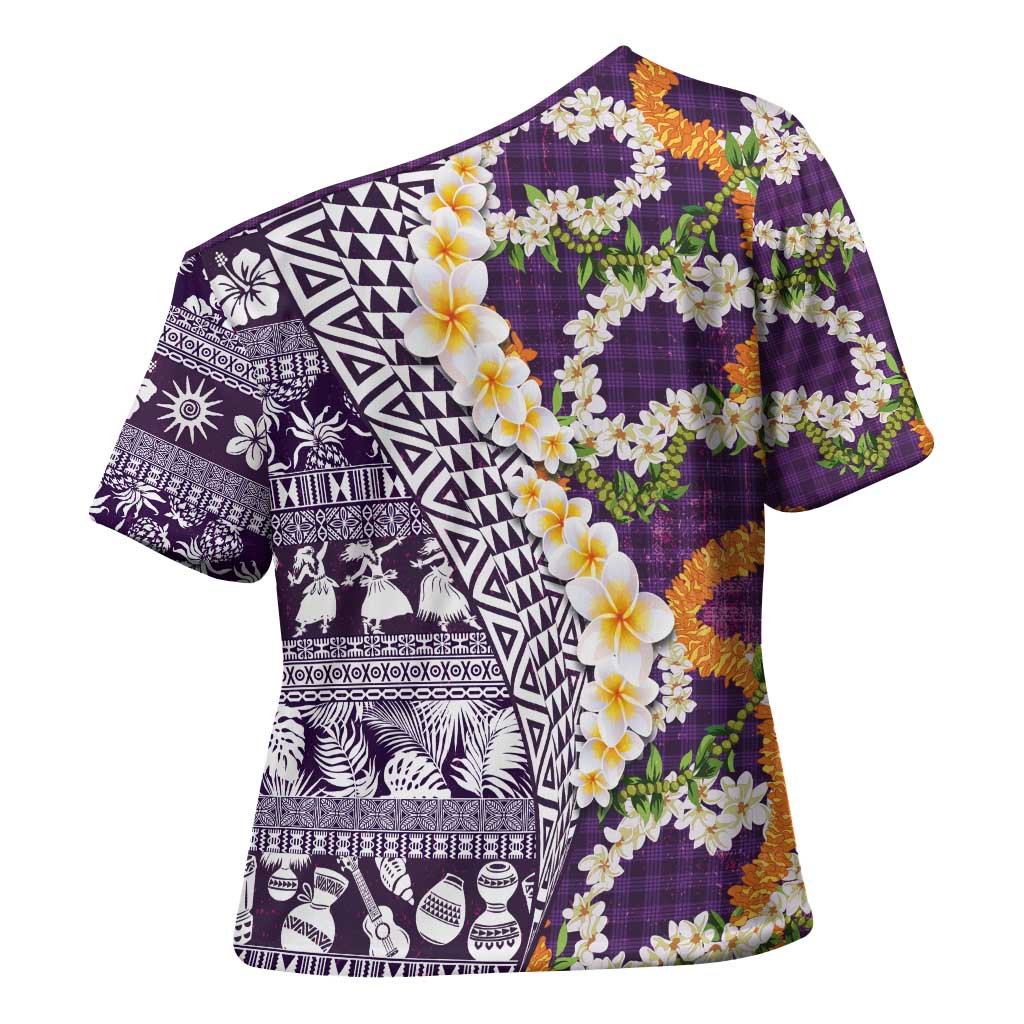 Hawaiian Plumeria Lei Cross Shoulder Shirt Kakau Motifs and Palaka Half Style Purple Color - Polynesian Pride