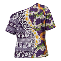 Hawaiian Plumeria Lei Cross Shoulder Shirt Kakau Motifs and Palaka Half Style Purple Color - Polynesian Pride