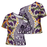 Hawaiian Plumeria Lei Cross Shoulder Shirt Kakau Motifs and Palaka Half Style Purple Color - Polynesian Pride