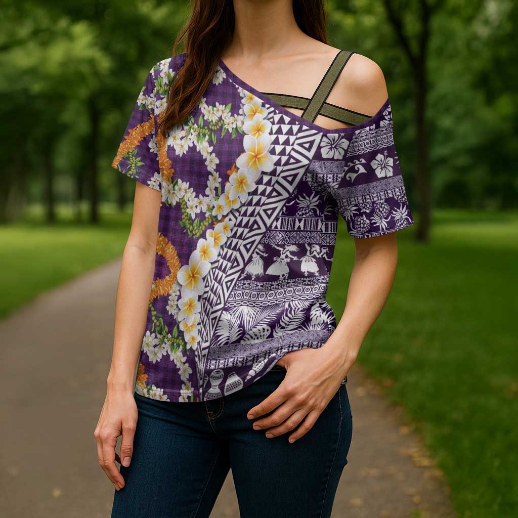 Hawaiian Plumeria Lei Cross Shoulder Shirt Kakau Motifs and Palaka Half Style Purple Color - Polynesian Pride